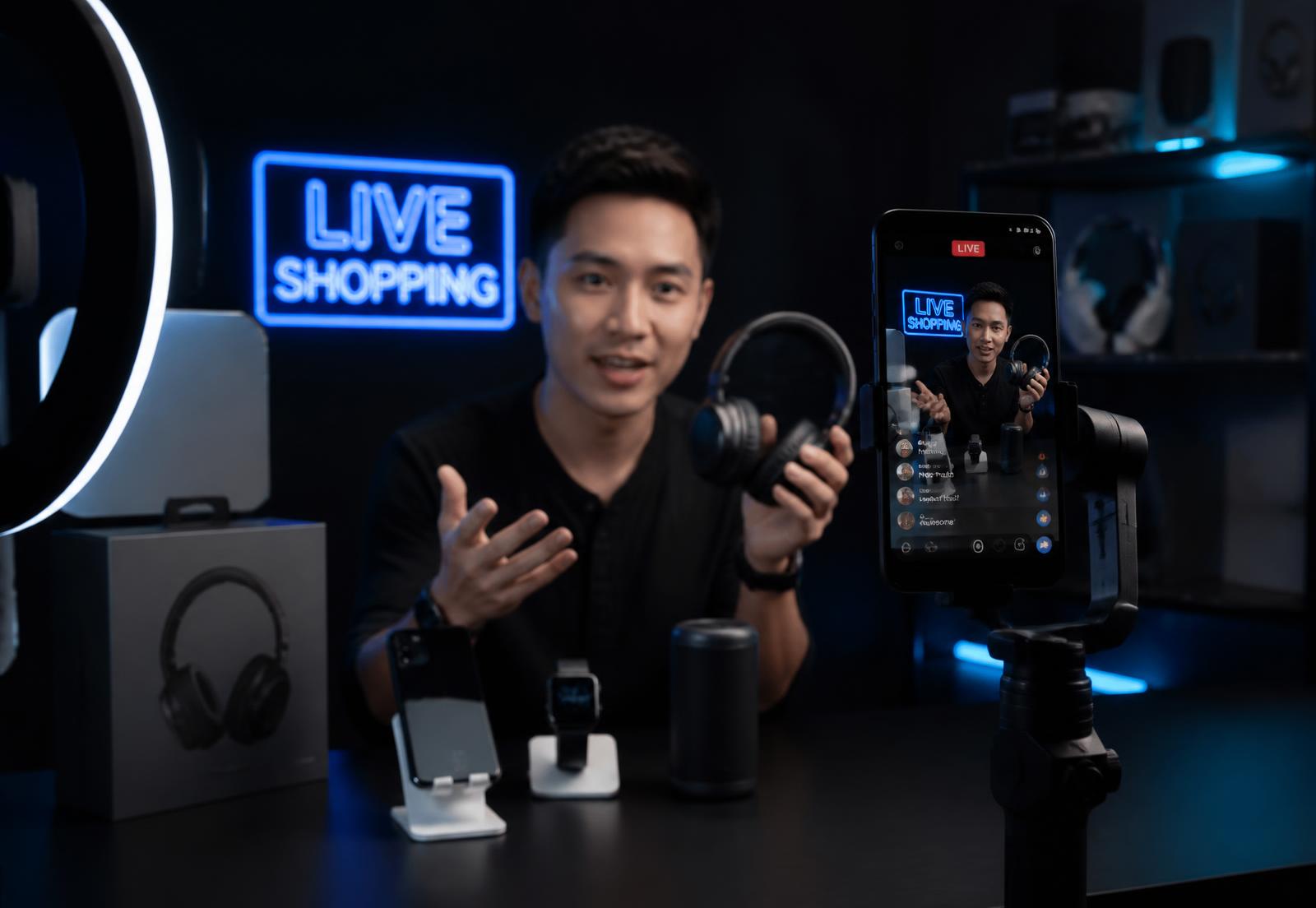 MYSK host presenting tech hardware during a live shopping broadcast
