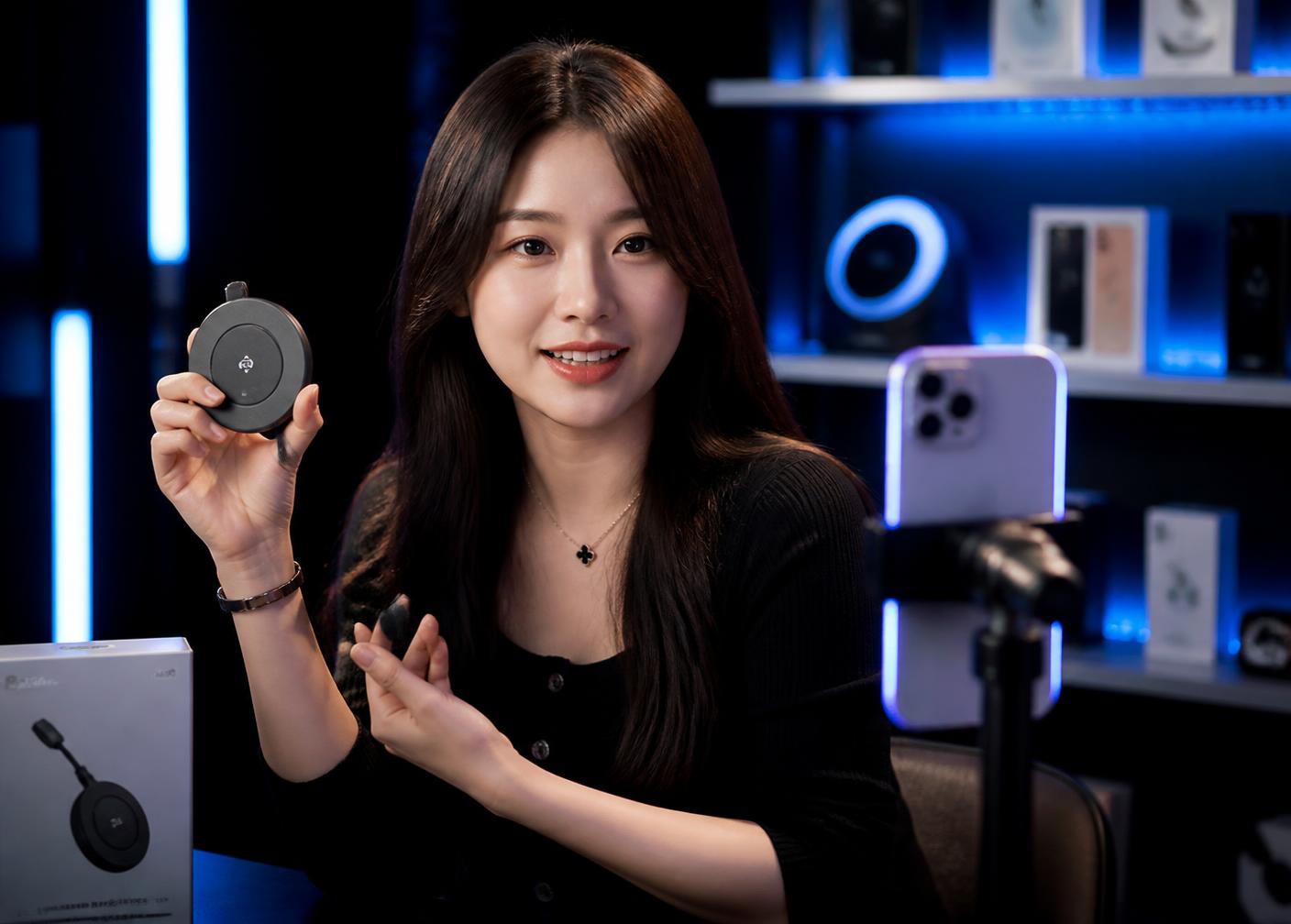 MYSK live shopping host demonstrating a tech product on camera